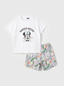 Bisiklet Yaka Minnie Mouse Bask?l? K?sa Kollu K?z ?ocuk ?ortlu Pijama Tak?m?