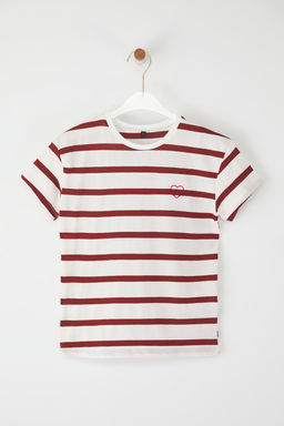 Turuncu K?z Cocuk %100 Pamuk Cizgili K?sa Kol Orme T-Shirt TKDSS25TS00103