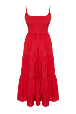 TRENDYOLMILLA K?rm?z? Etegi Belden Ac?lan Pamuk Kar?s?ml? Maxi Dokuma Elbise TWOSS24EL00386  фото 9