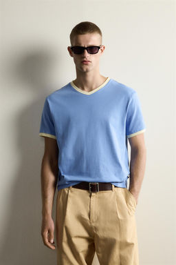 CAMISETA RIB CONTRASTE CUELLO PICO / Azul medio - Zara фото 2