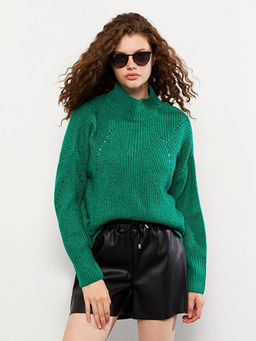 Yar?m Bal?k?? Yaka Kendinden Desenli Uzun Kollu Kad?n Triko Kazak