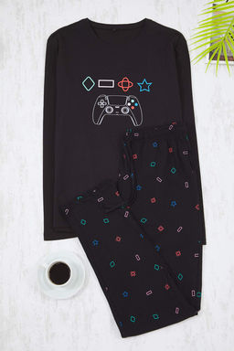 Siyah Regular Game Bask?l? Orme Pijama Tak?m? TMNAW24PT00012