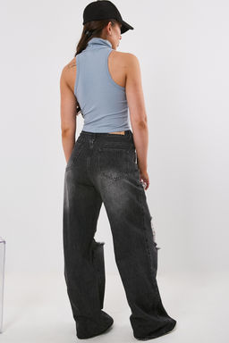 Топ из трикотажа с воротником стойка cеро-голубой