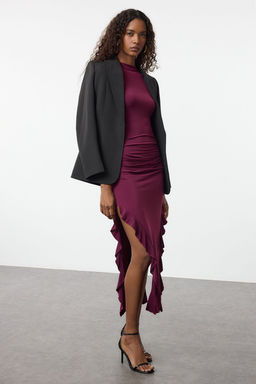 TRENDYOLMILLA Siyah Bodycone S?f?r Kol Y?rtmacl? F?rf?r Detayl? Esnek Kal?n Sandy Maxi Kalem Elbise TWOSS24EL00688  фото 19