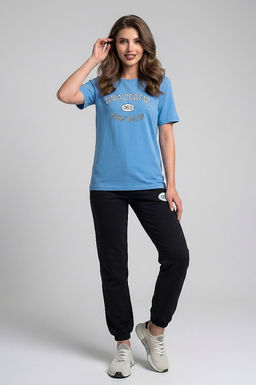 Арт. 21368 Костюм с брюками женский 42-50 Цвет:верх-голубой,низ-черный