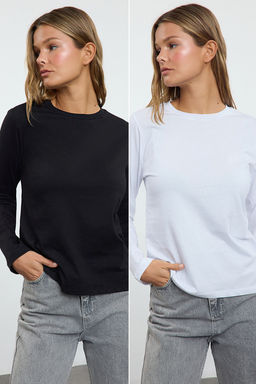 Siyah-Beyaz 2li Paket Bisiklet Yaka Regular/Normal Kesim Orme T-Shirt TWOAW25TS00001