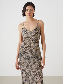 Kalp Yaka Y?lan Derisi Desenli Ask?l? Elbise