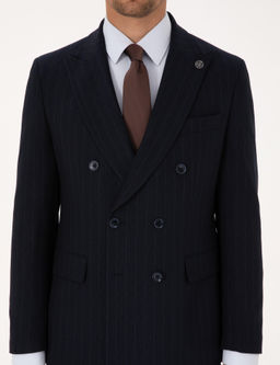 Lacivert Ex. Slim Fit _izgili Kruvaze Tak_m Elbise