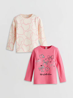 Bisiklet Yaka Bask?l? K?z ?ocuk Ti??rt 2li