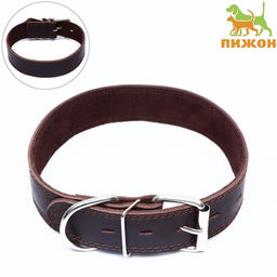 Ошейник кожаный двухслойный на замше, 3,5 см, ОШ 41-51 см, коричневый