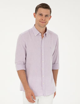 Рубашка приталенного кроя из смесового льна сиреневого цвета с длинным рукавом - Cacharel фото 8