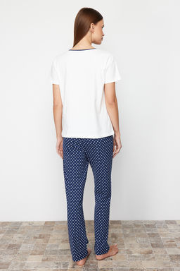 Trendyolmilla Beyaz-Cok Renkli Pamuklu Puantiyeli Orme Pijama Tak?m? THMSS24PT00323