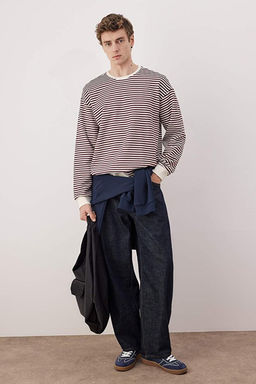 Bordo Oversize/Geni_ Kesim _izgili __i Polarl_ Pamuklu Sweatshirt TMNAW24SW00065 - Trendyolmilla фото 2