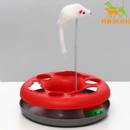 Игрушка для кошек Загадочный круг - Рыбки, мышь на пружине и шарик, 23х7 см,красная/серая