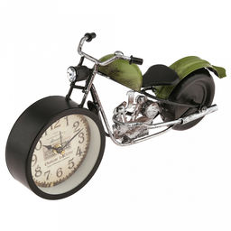 Часы настольные интерьерные "Мотоцикл" 30х8х15см, циферблат с рисунком, бежевый; цифры арабские, черный; фара - кристалл, корпус металл, черный матовый/зеленый; в коробке (Китай)