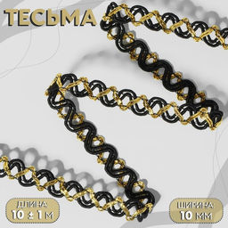Цена за 2 шт. Тесьма декоративная, 10 мм, 10±1 м, цвет чёрный, золотой