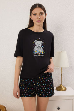 Trendyolmilla Siyah-Cok Renkli %100 Pamuklu Ay?c?k ve Y?ld?z Bask?l? Sortlu Orme Pijama Tak?m? THMSS25PT00350  фото 2