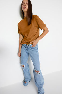 Ac?k Kahverengi %100 Pamuk Basic Regular/Normal Kal?p Dik Yaka Orme T-Shirt TWOAW20TS0096