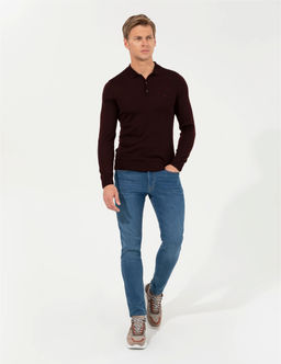 Bordo Regular Fit Polo Yaka Y_n Kar___ml_ Basic Triko Kazak