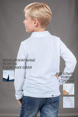 Футболка детская Поло, длин. рукав, цвет Белый, пике карде, 100% х/б - 5+ фото 2