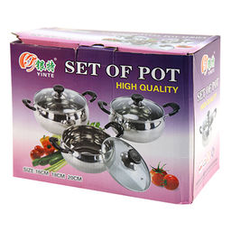 "Чебурашка" Набор кастрюль из нержавеющей стали 3 штуки: 15,5х8,3см 1,6л; 17,5х8,8см 2,2л; 19,5х9,6см 3л, крышки стеклянные, ручки-кнопки и ручки бакелитовые, сферическая форма, без теплораспределительного дна, цветная коробка (Китай)