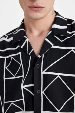 Рубашка из вискозы с коротким рукавом и принтом, вязаный крючком воротник Relax Fit - Defacto фото 5