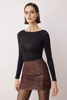 Kahverengi Super Mini Orme Payet Party Etek TPRAW26ET00021 - Trendyolmilla фото 2