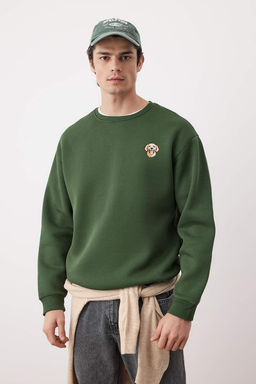 Haki Bisiklet Yaka Oversize/Genis Kesim Ici Polarl? Kopek Nak?s Sweatshirt TMNAW24SW00064