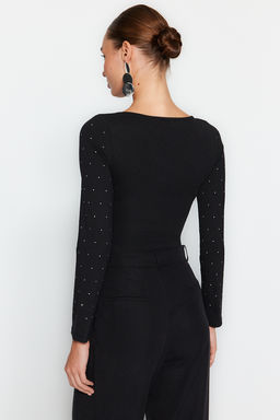 Siyah Parlak Tas Bask?l? Pamuklu Uzun Kol Esnek Alttan C?tc?tl? Orme Body TWOAW24BD00059