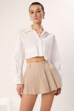 TRENDYOLMILLA Siyah Piliseli Orta Bel Super Mini Dokuma Etek Gorunumlu Sort TWOAW25SR00038  фото 21