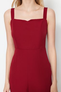 Bordo Vucudu Saran Y?rtmacl? Ask?l? Midi Kalem Etek Dokuma Elbise TWOSS19BB0216