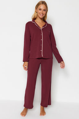 Trendyolmilla Koyu Ten Pamuklu Biye Detayl? Gomlek-Pantolon Orme Pijama Tak?m? THMAW24PT00025  фото 2