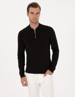 Siyah Regular Fit Pamuk Kar___ml_ Fermuarl_ Polo Yaka Basic Triko Kazak