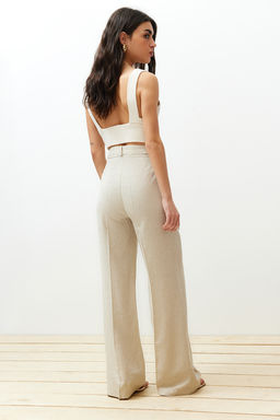 Bej Nervurlu Wide Leg/Genis Paca Pamuk Keten Dokuma Pantolon TWOSS24PL00062 - Trendyolmilla фото 6