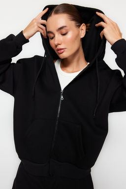 Siyah Oversize/Rahat Kesim Basic Kapusonlu Kal?n Ici Polarl? Orme Sweatshirt TWOAW24SW00188