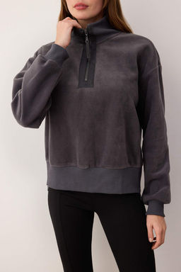 Antrasit Regular/Normal Kal?p Fermuar Detayl? Dik Yaka Polar Kal?n Orme Sweatshirt TWOAW26SW00026 - Trendyolmilla фото 3