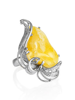 Крупное кольцо с натуральным пейзажно-медовым живописным янтарем Филигрань