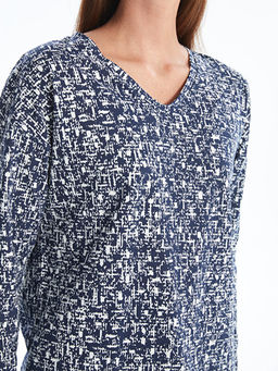 V Yaka Desenli Uzun Kollu Kad?n Bluz