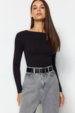 Trendyolmilla Saks Derin S?rt Dekolteli Fitted/Vucuda Oturan Pamuklu Esnek Orme Bluz TWOAW24BZ00173