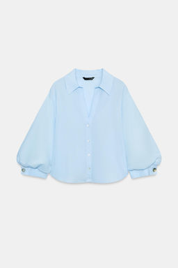 CAMISA MANGA ABULLONADA CON LINO / Celeste - Zara фото 5