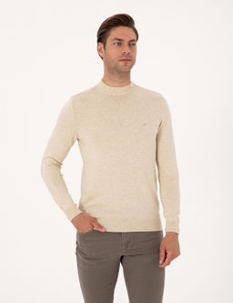 Krem Melanj Slim Fit _eyrek Yaka Basic Triko Kazak