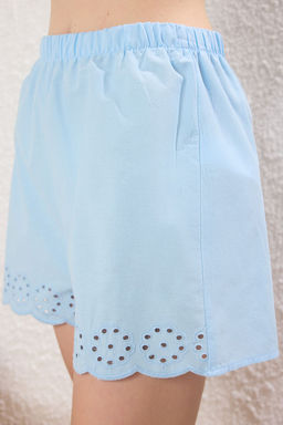 Mavi %100 Pamuklu Kendinden Desenli Ip Ask?l? Poplin Sortlu Dokuma Pijama Tak?m? THMSS25PT00258