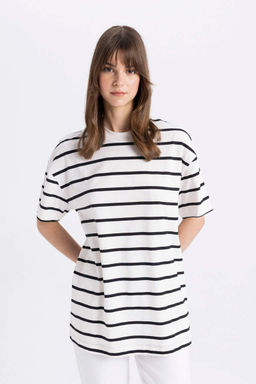 Полосатая футболка-туника с круглым вырезом и короткими рукавами - Defacto фото 3