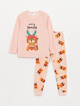 Bisiklet Yaka Y?lba?? Temal? Uzun Kollu Kadife K?z ?ocuk Pijama Tak?m?