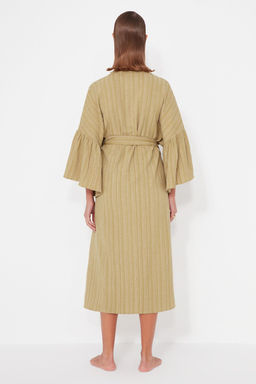 Haki Kusakl? Maxi Dokuma Volanl? Keten Kar?s?ml? Plaj Kimono&Kaftan TBESS23KM00028