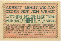 Банкнота 20 геллеров 1920 года Австрия  община Траун (Нотгельд)