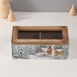 Шкатулка для чая 2 деления Олени у заснеженного домика, дерево, 9.2?18?7 см