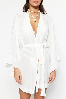 Ekru Kusakl? Dokuma Volanl? Mini Plaj Kimono&Kaftan TBESS21KM0002