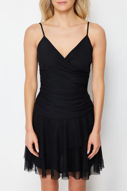 Siyah Duz Ask?l? Kruvaze Mini F?rf?rl? Esnek Orme Elbise TWOSS24EL00436 - Trendyolmilla фото 4