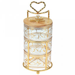 Блюдо-этажерка (конфетница, набор для холодца) стеклянное3-х секционное, 1 секция - 500мл д10,9см h6,3см, прозрачное стекло с деколью, одна бамбуковая крышка, ручка-кнопка "кристалл" с металлическим декором, металлическая подставка с ручкой, на ножка